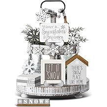 19 Pcs Winter Tiered Tray Decor Snowflakes Wood Rustic Decoration Tiered Sign Table Centerpieces Without Tray for Tabletop Shelf Winter Xmas Home Party Gifts(Farmhouse)