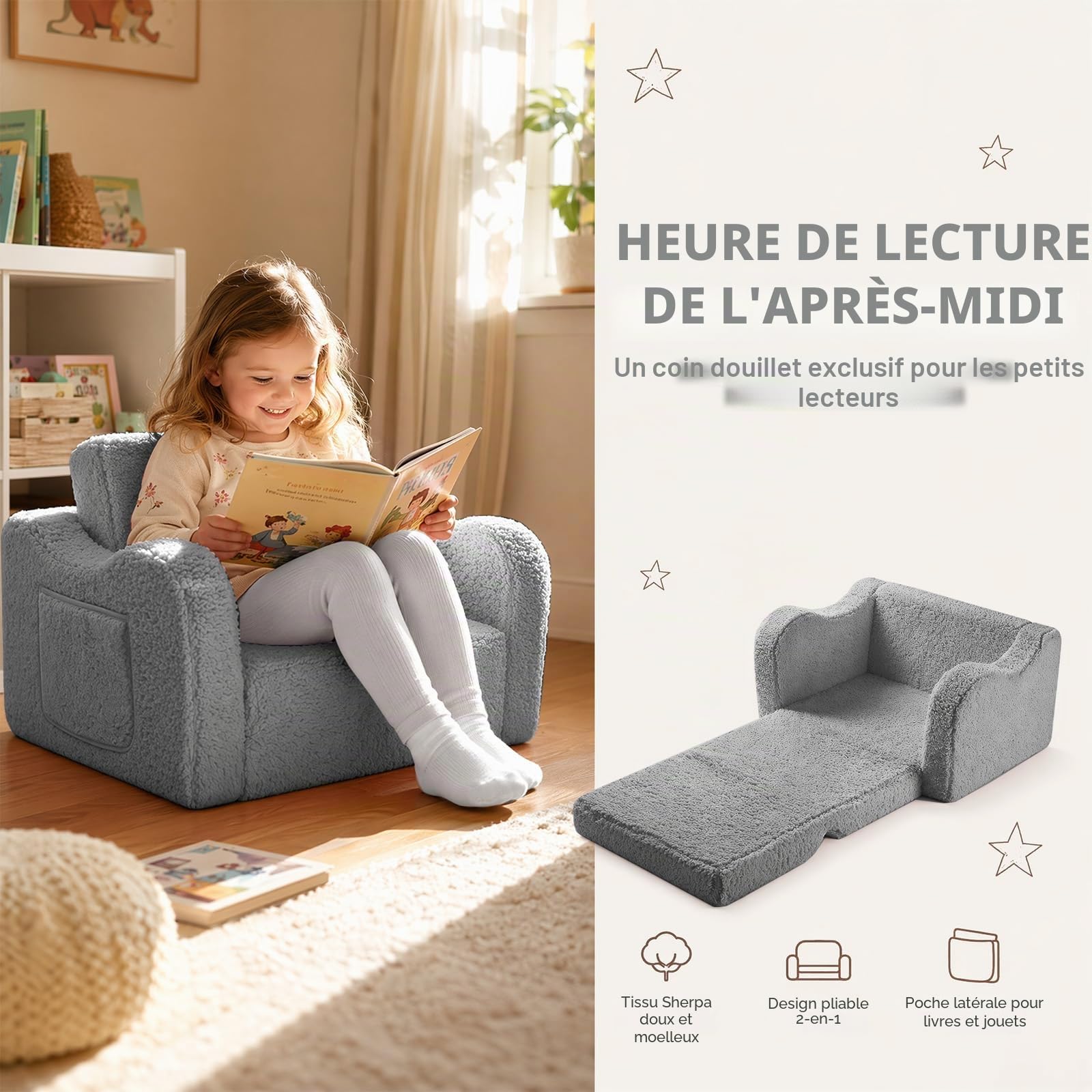 3-en-1 Fauteuil Enfant Canapé-lit, Chauffeuse et Lit Pliable pour Enfant et Bébés, Mini Sofa Chaise pour Chambre Fille ou garçon, Gris