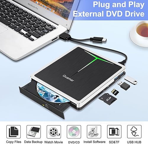 Miniatura 2 de Guamar Unidad de DVD externa para PC reproductor de grabadora de CD USB-C para portátil Mac Windows 11 con ranura SDTF2 puertos USBestuche de