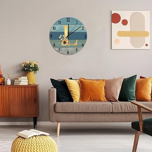 Miniatura 7 de Funlucy Reloj de pared decorativo con monograma dorado de girasol letra L, reloj de pared con letra inicial L, relojes de madera, silenciosos,