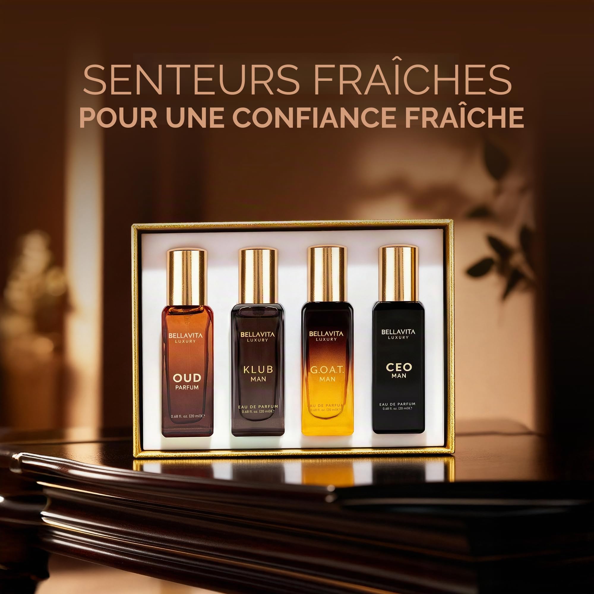Coffret cadeau de parfum Bella Vita Luxury pour homme 4x20 ML avec Dominus, Oud, CEO, Impact Parfum | Parfum EDP & EDC à long durée aux notes boisées et citronnées