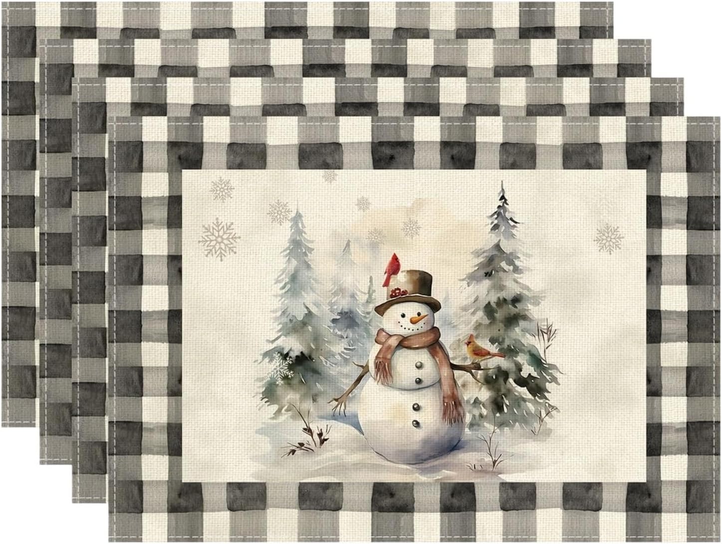 6pcs Watercolor Buffalo Plaid Snowman Snowflakes Winter Xmas Placemats Table Mats for Home Dining Table Decor 12x18 Inch(1p)