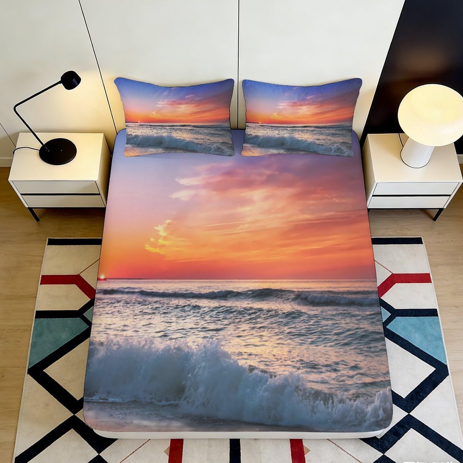 Pnayamiorkfel Style-10 3D Printed Sunset Ocean Fitted Sheet Microfiber Soft Breathable Sunrise Waves Mattress Cover For Bedroom Dorm Decor 90X200x25cm