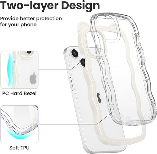 Miniatura 2 de ZCDAYE Funda compatible con iPhone 13, bonito diseño de orejas de oso 3D kawaii, funda transparente rizada y ondulada para mujeres y niñas, funda de