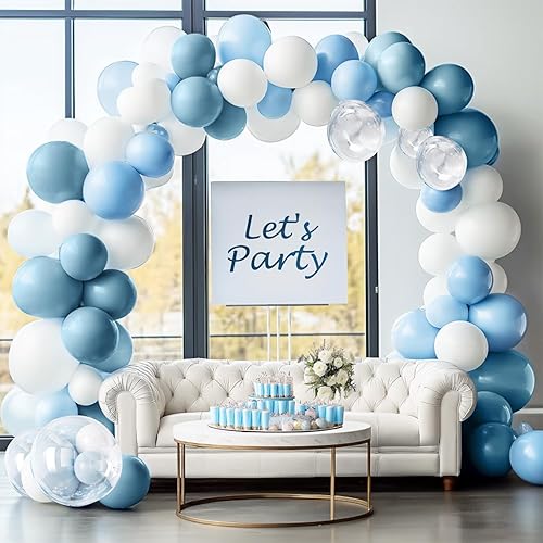 Miniatura 6 de YAOWKY Kit de arco de guirnalda de globos azul y blanco, 111 globos de látex de 18, 12, 5 pulgadas, blanco, azul y Bobo para baby shower