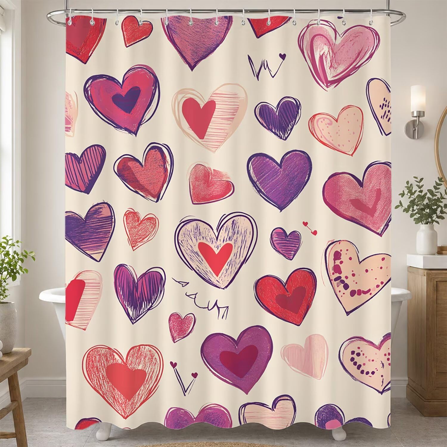 Rideau de douche avec ourlet lesté en polyester imperméable rose 180x190 cm Amour T-X80