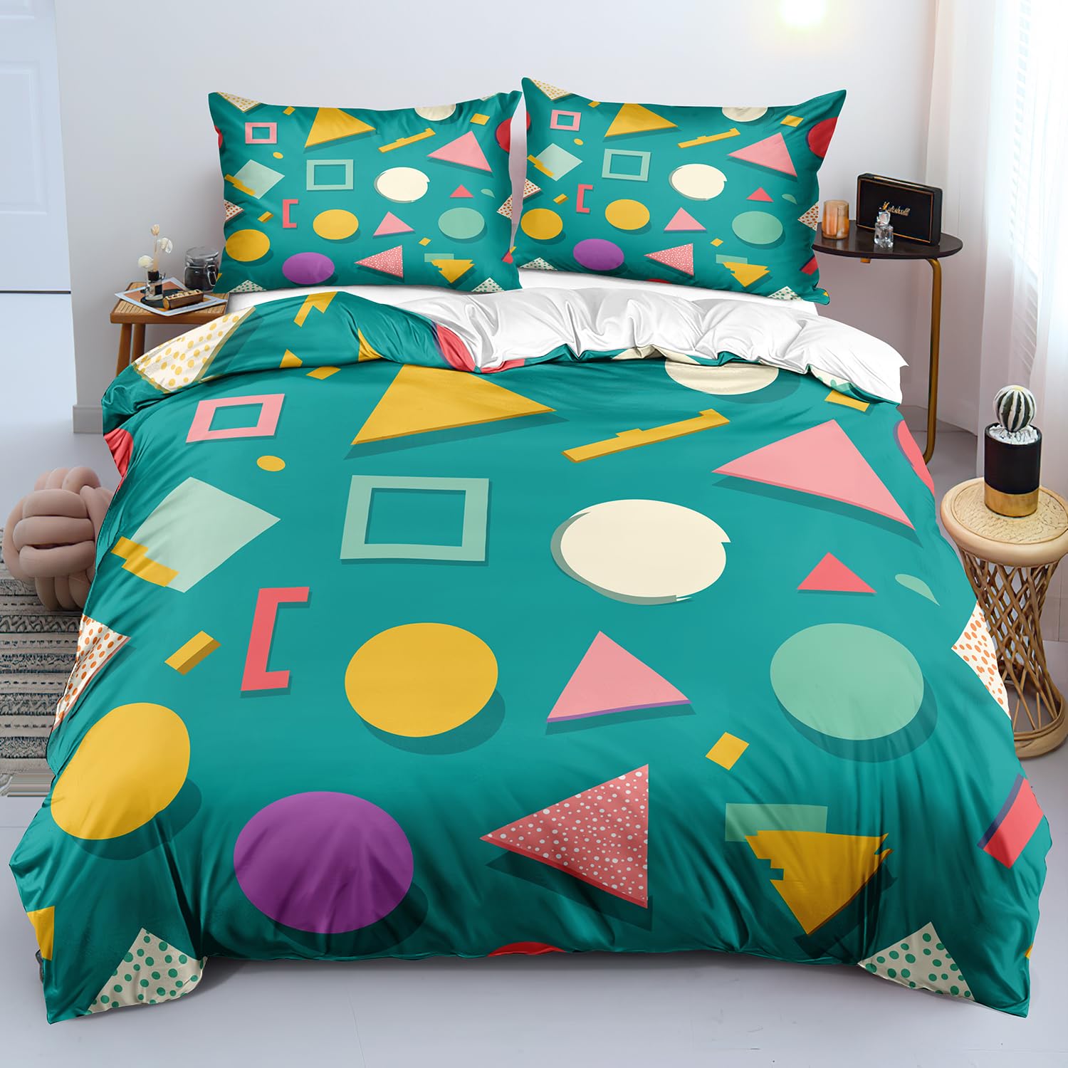 Housse de couette 140x200 géométrique enfant parure de lit bleu