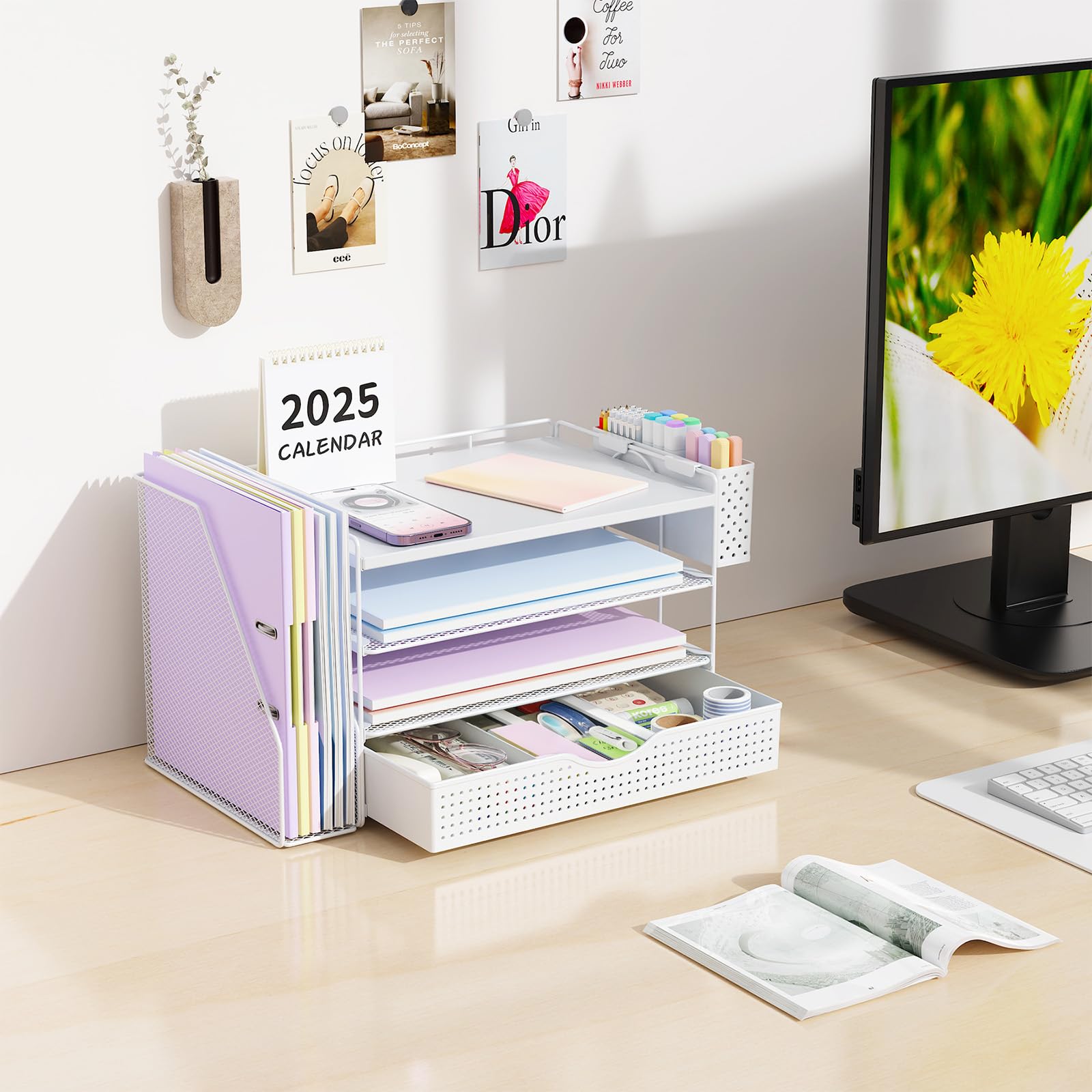 Wood Desk Organizers and Accessories with File Holder & Catalog Racks view 3