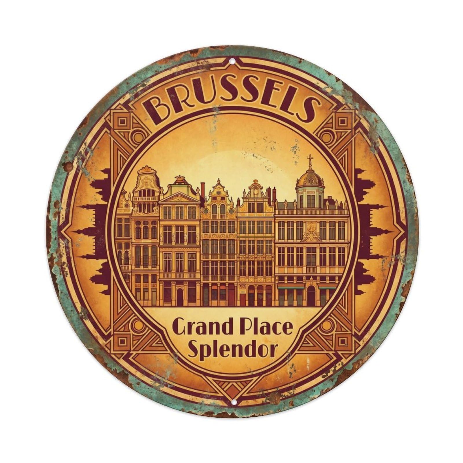 Brussels Splendor Heritage Travel Metal Tin Sign Plaque Wall Decor for Cafe, Club Bar, Office, Home Garden Round Metal Poster 8x8Inch