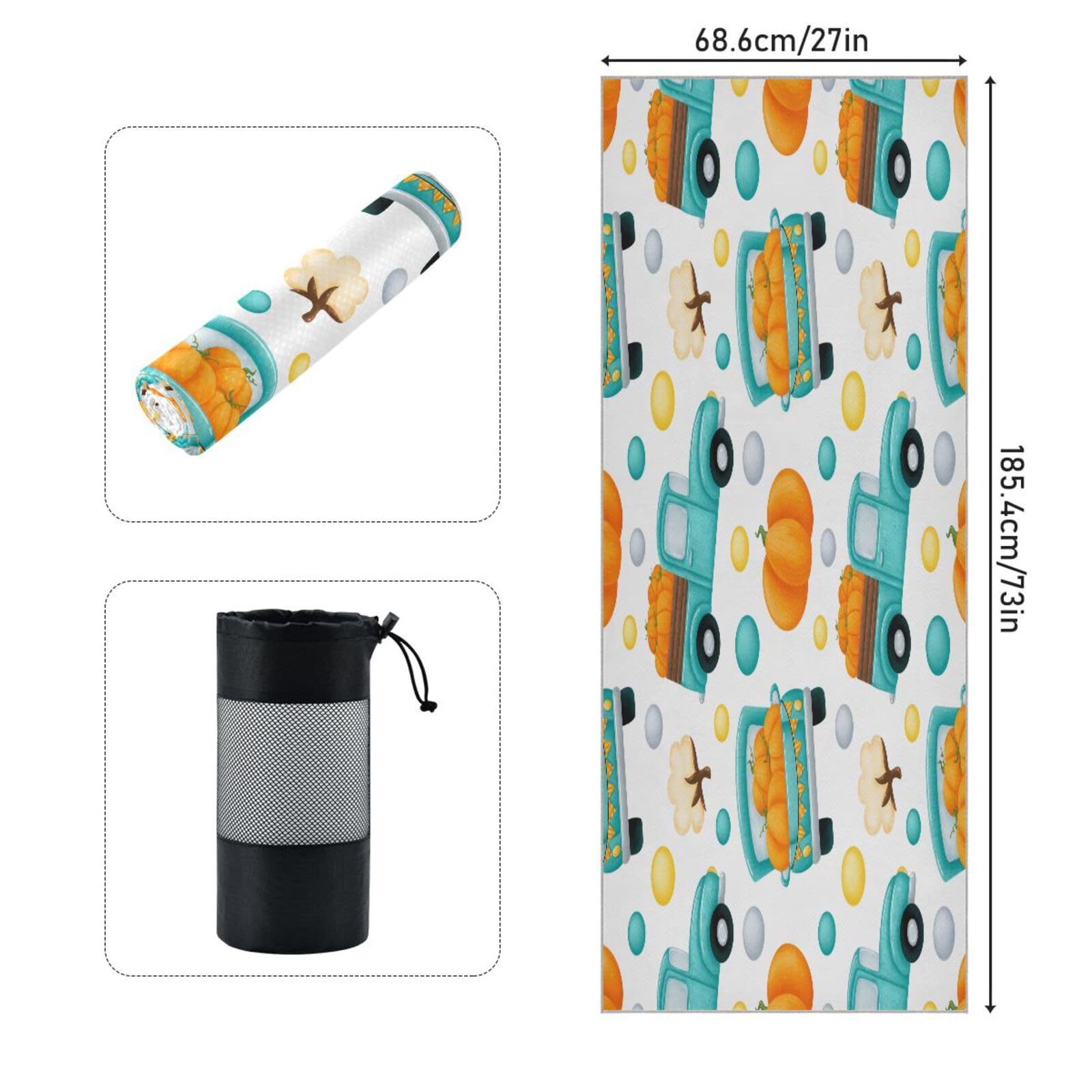 pnyoin Blue Car Pumpkin Yoga Towel,Hot Yoga Mat Towel with Grip Dots Sweat Absorbent Non-Slip for Hot Yoga, 24