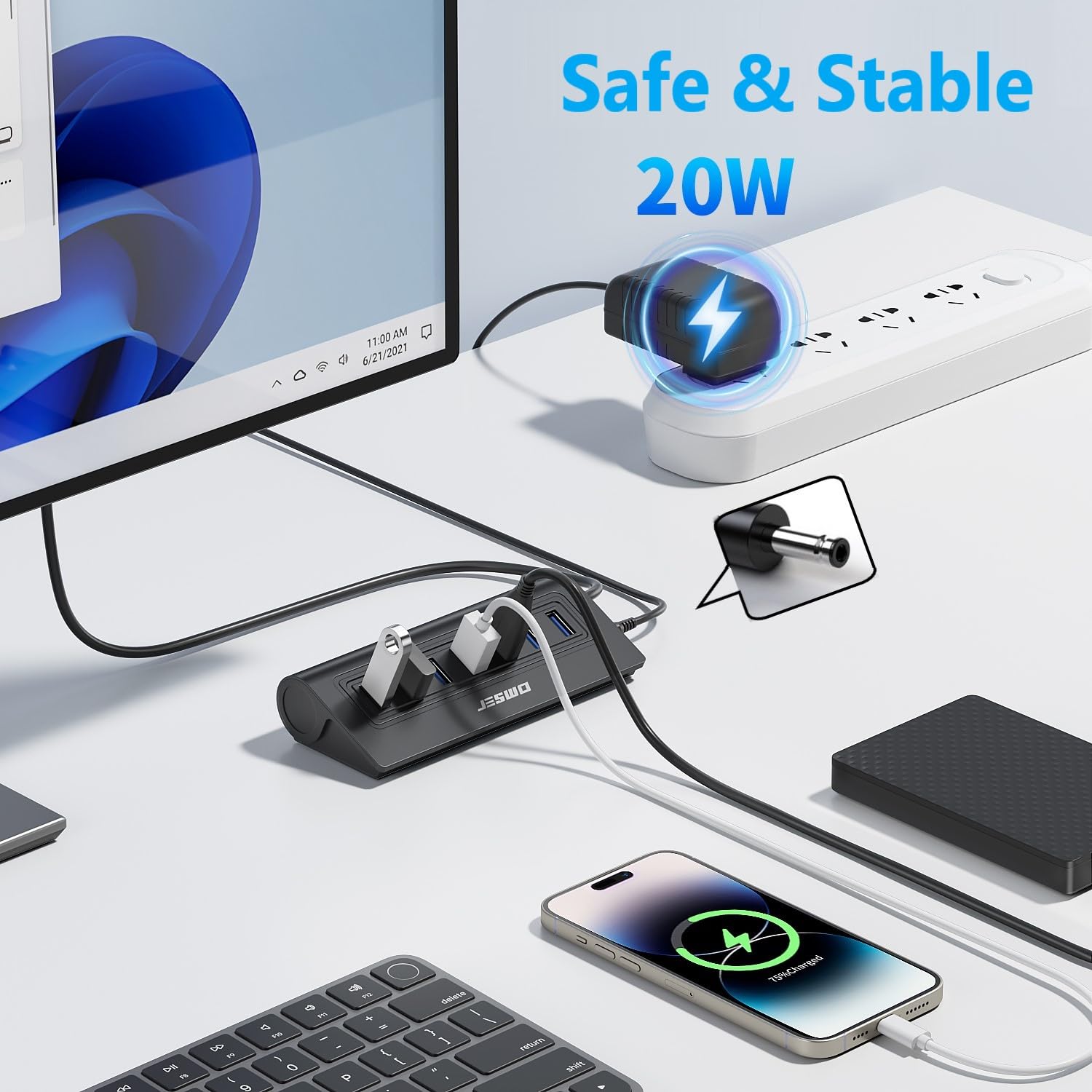 JESWO Hub USB attivo 3.0 con alimentatore di rete, hub USB 3.0 in alluminio, 7 porte, distributore USB, 5 Gbps, con alimentatore di rete 5 V/4 A e cavo da 100 cm, per PC, laptop, compatibile con