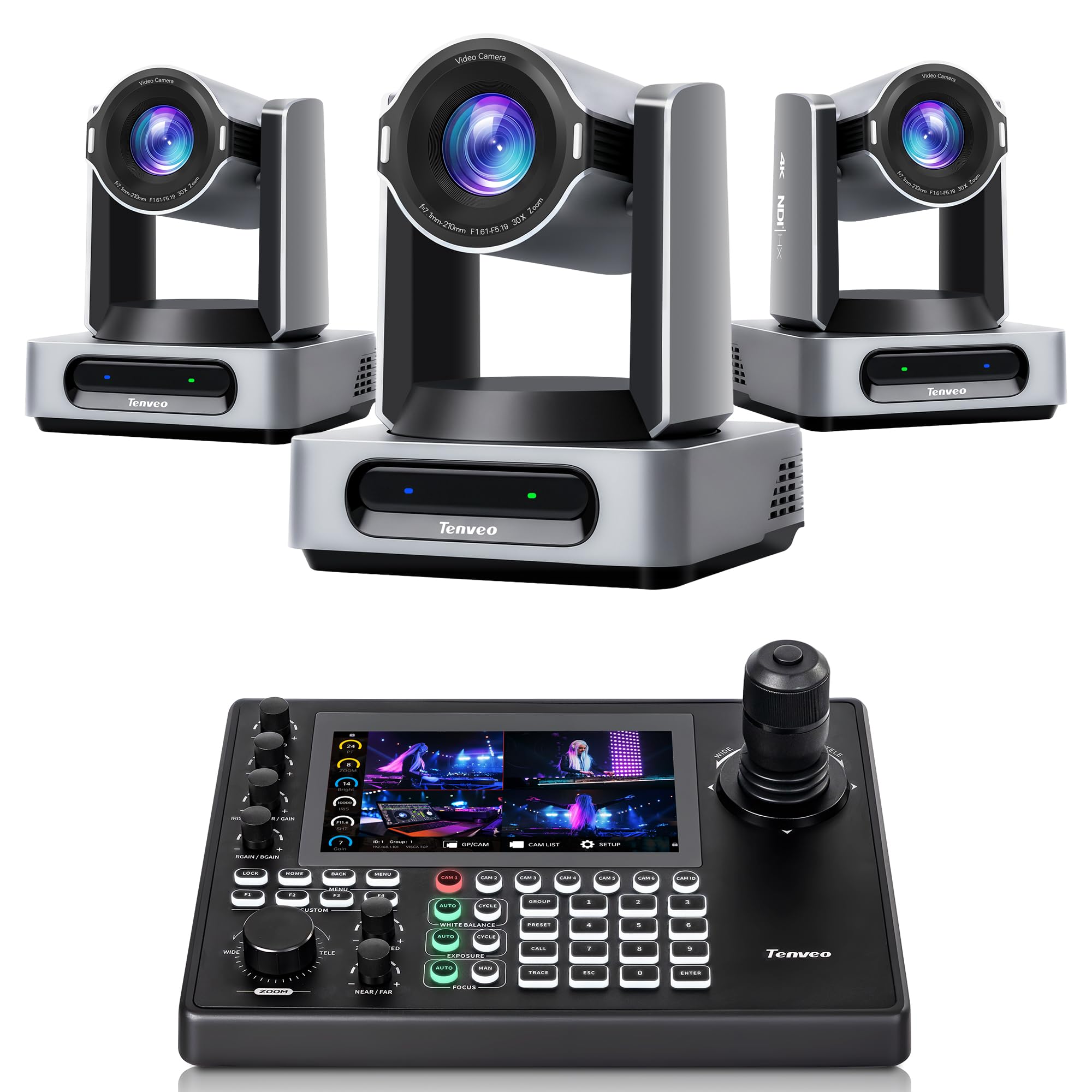 Tenveo Cámara PTZ 4K@60FPS, Zoom óptico 30x, CMOS 1/1,8″ 8,42MP, Seguimiento IA 3.0, NDI Oficial, Dante AV‑H, Freed, PoE（VX30M Ultra*3）+Controlador NDI|HX3 PTZ 7" táctil Quad-View Joystick 4D
