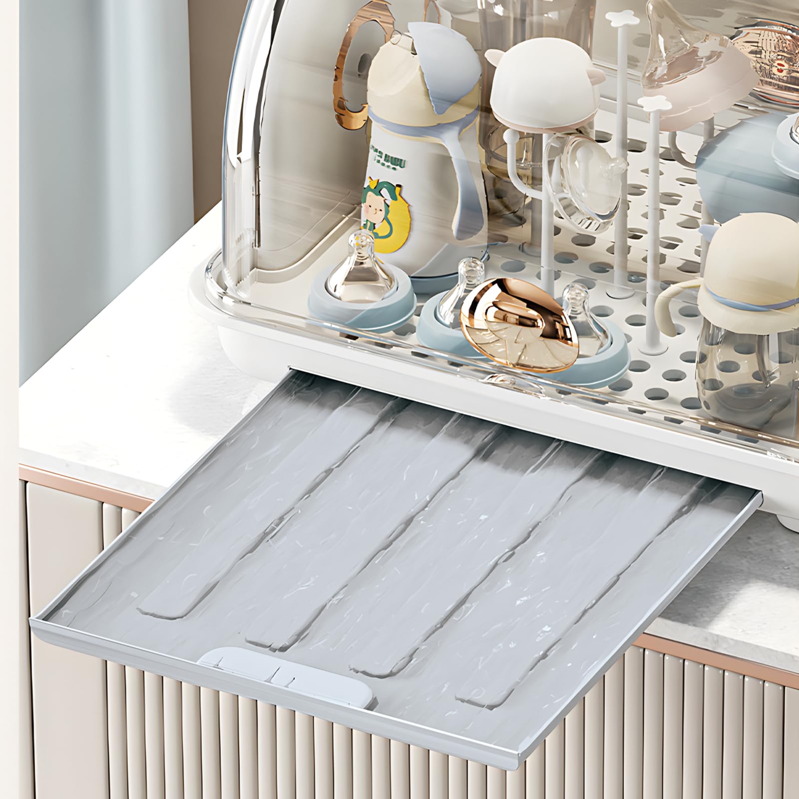 Estante de Secado de biberones, Organizador de Caja de Almacenamiento de biberones con Tapa, Organizador portátil de gabinete de Cocina, Secadora Duradera para encimera (Gris)