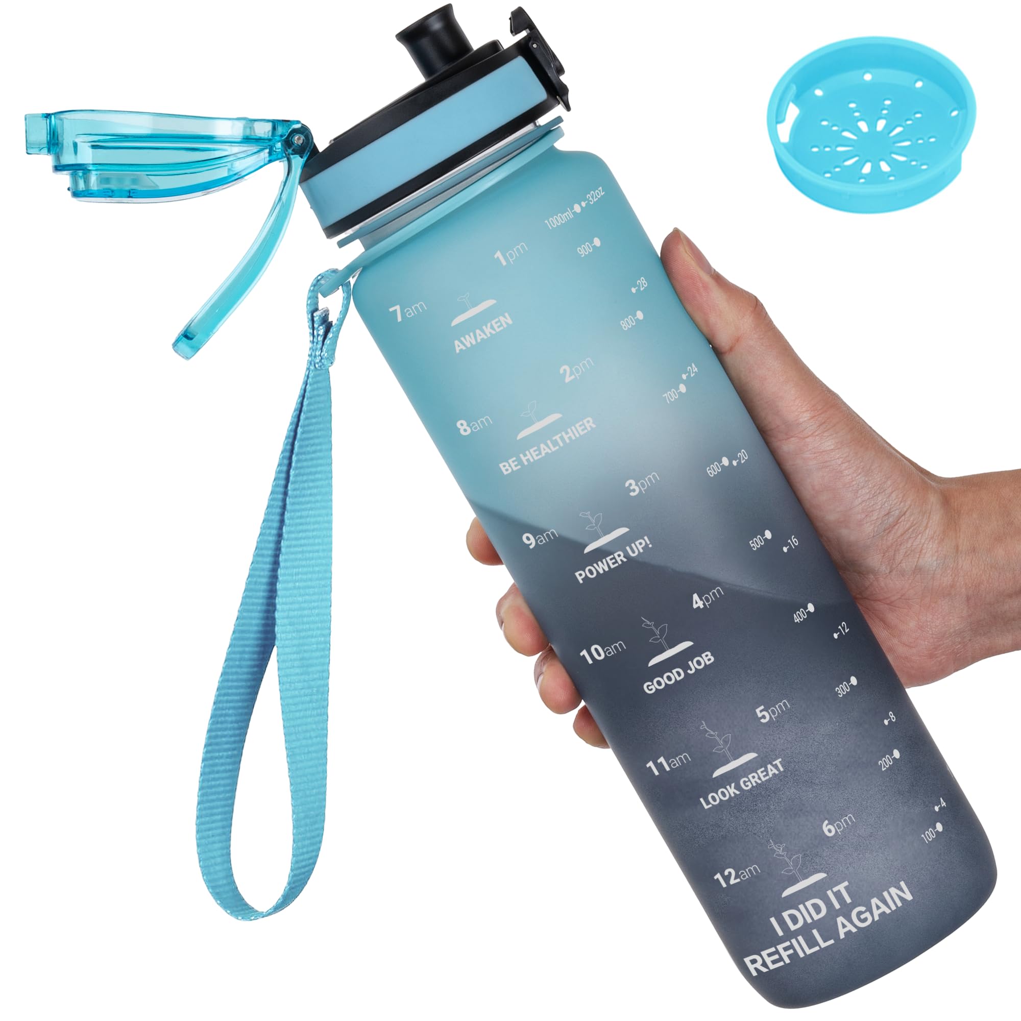 GOPPUS 1L/32oz Tritan Water Bottle (No Straw)-Soft Matte Finish Drink Bottle with Measurements Bottles with Lockable Flip Top Motivational Bottles with Time Marks for Adults BPA Free (Blue Gray)