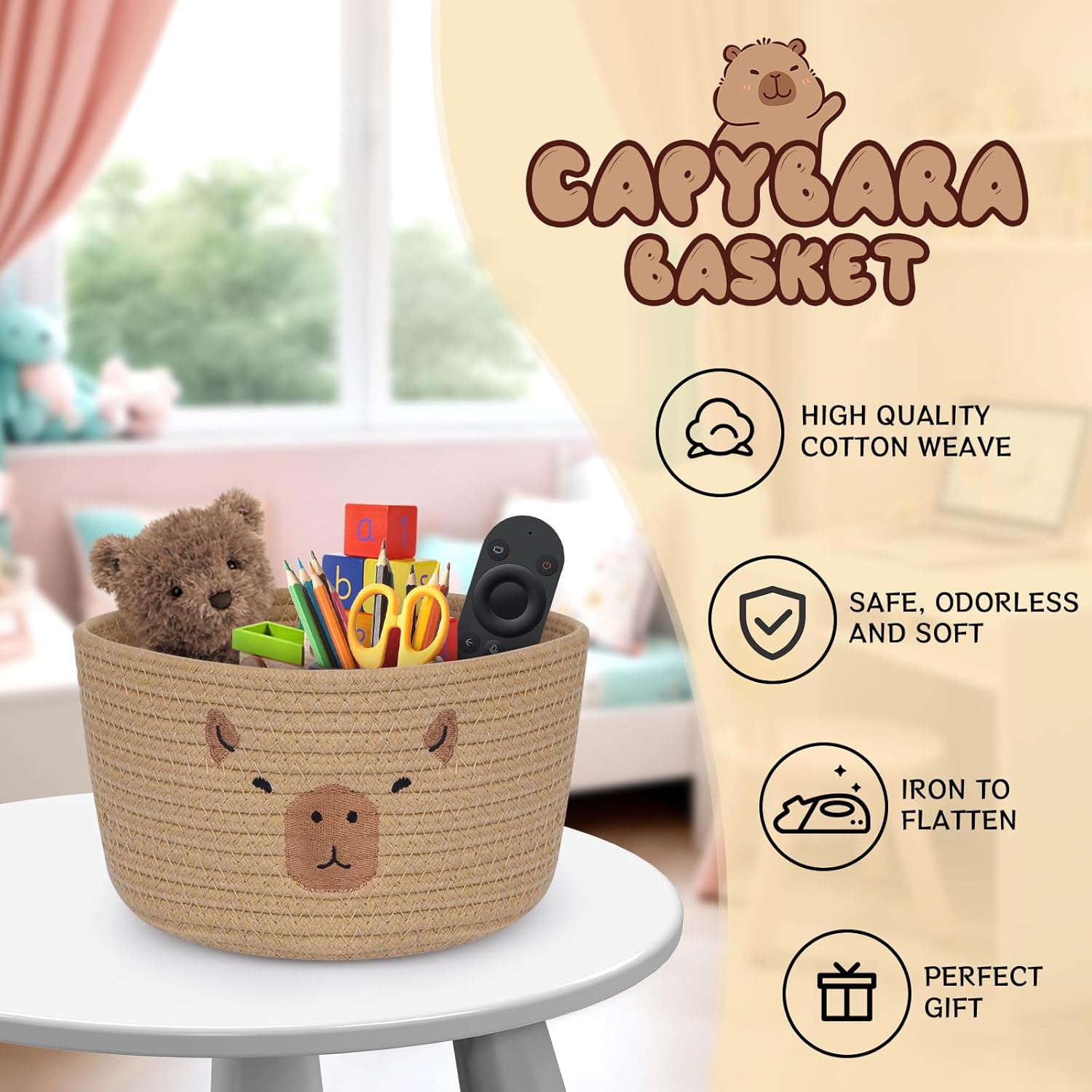 Capybara Cotton Rope Basket, 9.5" x 5" Small Woven Storage Basket, Cute Pet Toy Basket for Organizing, Nursery Decor, Housewarming Gift & Baby Shower Gifts (Brown) - Image 5