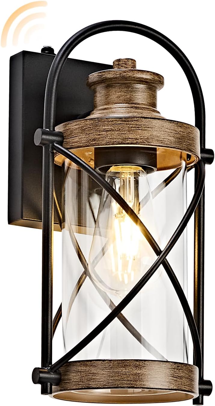 Dusk to Dawn Outdoor Wall Lights Fixtures, Waterproof Exterior Lighting Fixtures with Photocell Sensor,Vintage Faux Wood Grain Metal Cage Lantern Outside Lights for Porch Patio House Garage Wood Grain 12.8''(1-Pack)