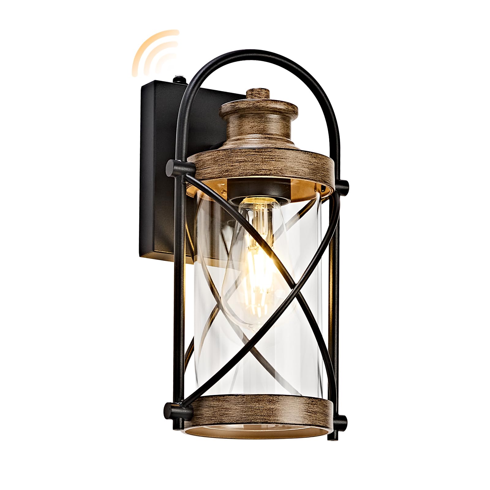 OKELI Dusk to Dawn Outdoor Wall Lights Fixtures, Waterproof Exterior Lighting Fixtures with Photocell Sensor,Vintage Faux Wood Grain Metal Cage Lantern Outside Lights for Porch Patio House Garage