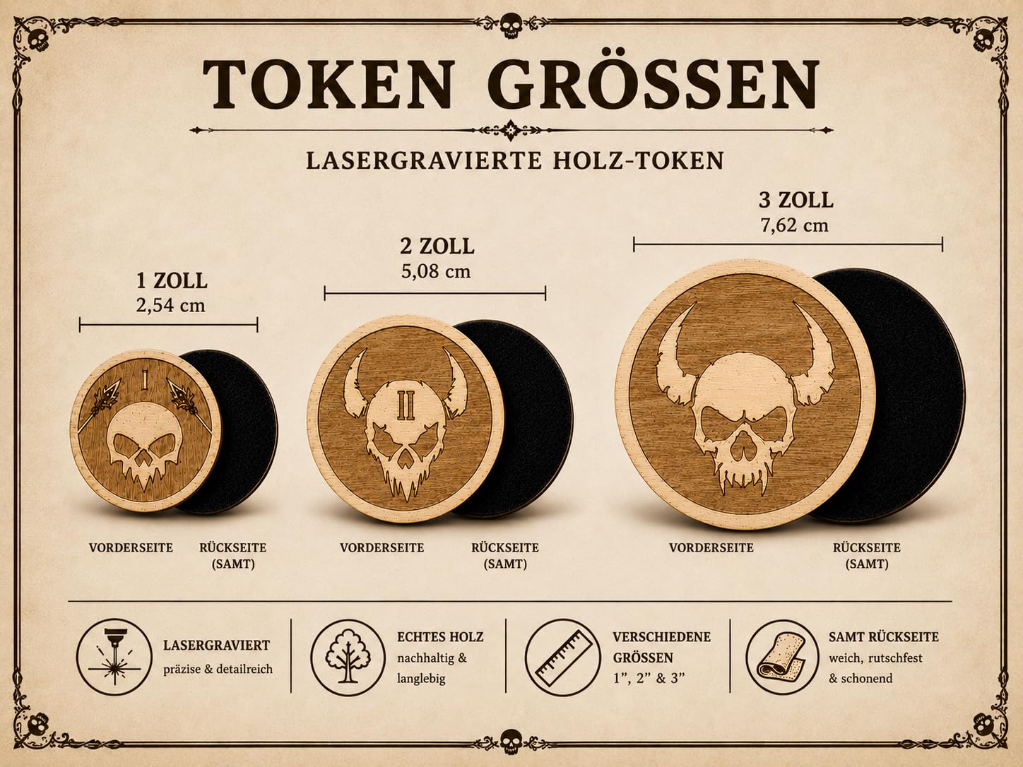 Lasergravierte D&D Gegner-Token aus Holz – 22 Battlemap Marker in 3 Größen (1'', 2'', 3'') – Alternative zu Miniaturen für Tabletop Boardgame Fans