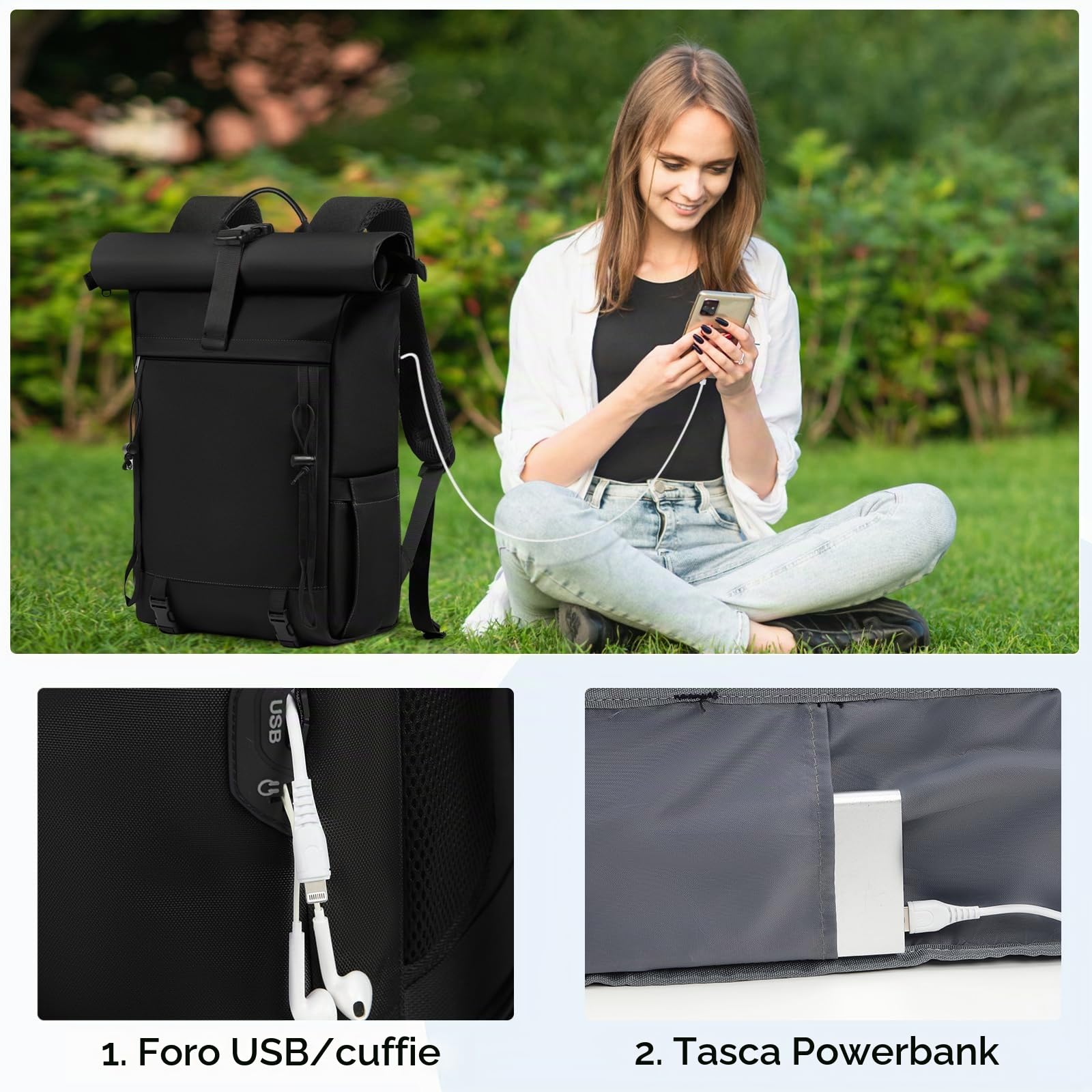 RAINSMORE Zaino Uomo Donna Porta PC 17 Pollici Impermeabile Zaino Viaggio | Zaino Trekking con Foro USB per Lavoro Alpinismo Trekking Campeggio Nero