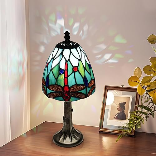 Lámpara de mesa o escritorio con diseño de libélula de vidrieras, mini lámpara de mesa estilo Tiffany, bombilla LED incluida, decoración colorida de