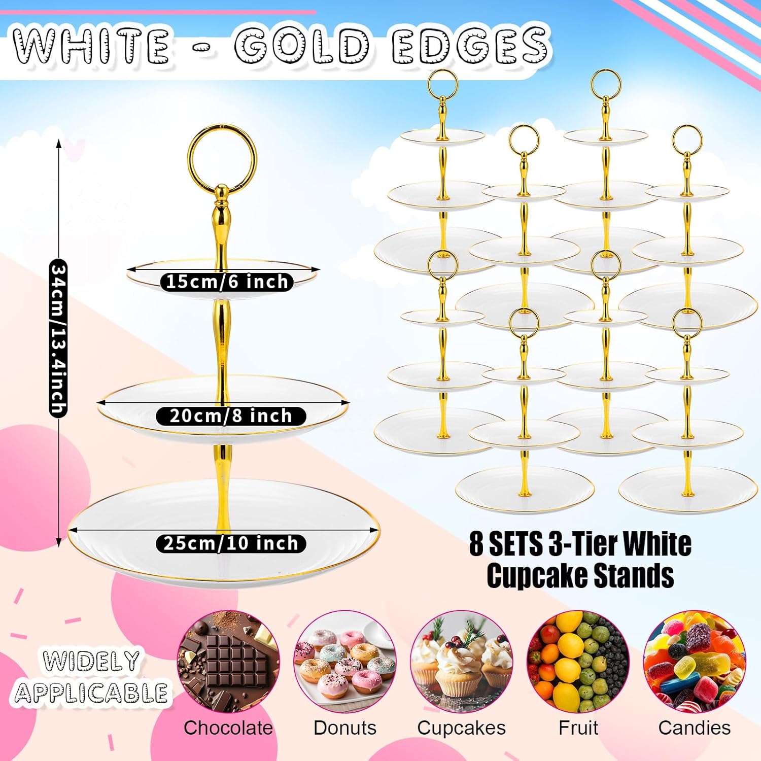 8 Pack 3 Tier Cupcake Stand Bulk Tiered Dessert Stand Thick Plastic Serving Tray with Gold Edges Dessert Table Display Set Tea Cake Holder for Wedding Birthday Party(White)