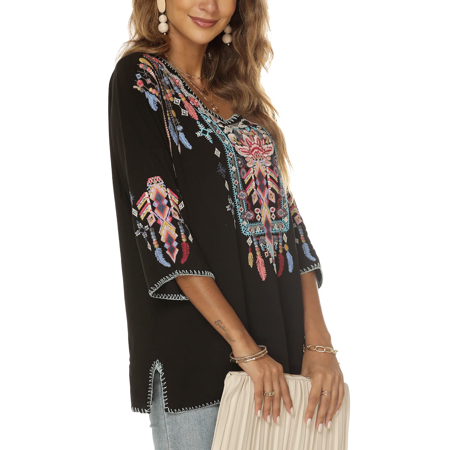Boho Stickerei Bluse Hippie Kleidung Damen 70er 80er Jahre Bekleidung Bohemian Folklore Besticktes Tunika 3/4Ärmel elegant Oberteile