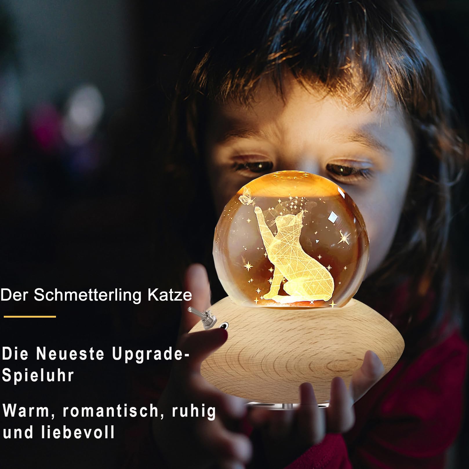 3D Kristallkugel Spieluhr,Katzen Nachtlicht Spieluhr mit Warmem-Projektionsleuchte Holzsockel Rotierende K9 Spieluhren für Weihnachten Geburtstags