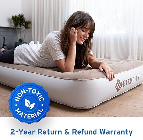 Vista 7 de Etekcity Colchón de aire mejorado de tamaño individual para campamento, cama inflable, colchón inflable elevado con bomba recargable para invitados