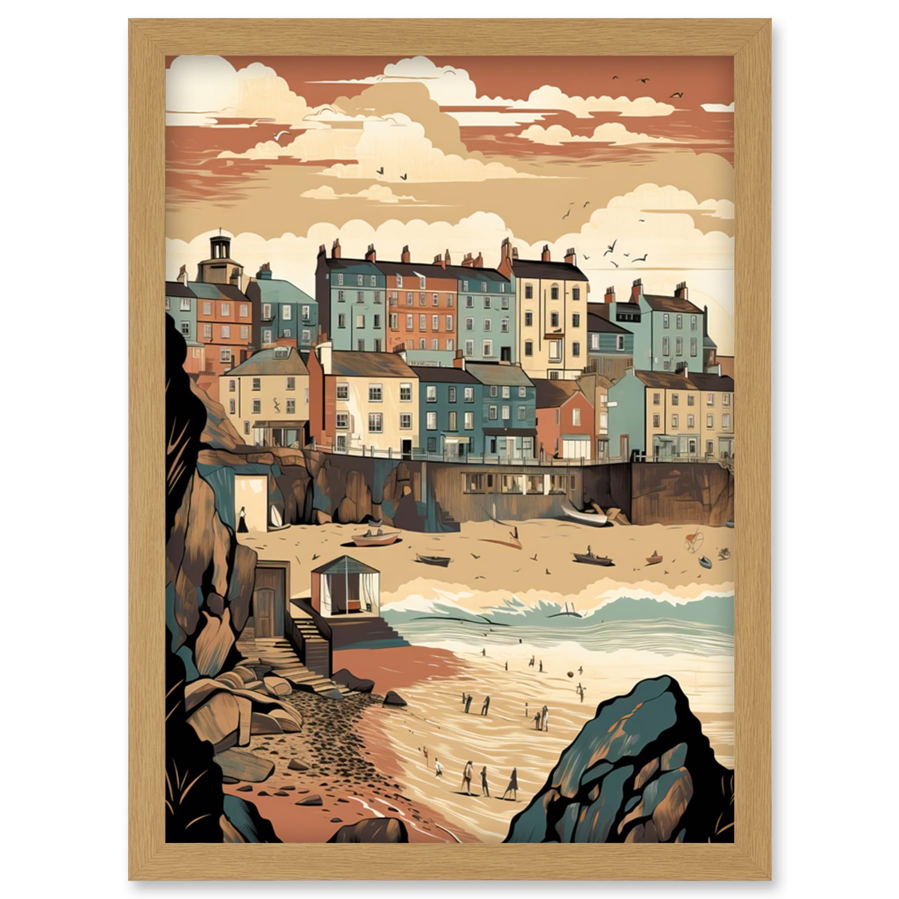 Artery8 Tenby Harbour Beach Pastel Colour Coastal Town Artwork Framed Wall Art Print A4