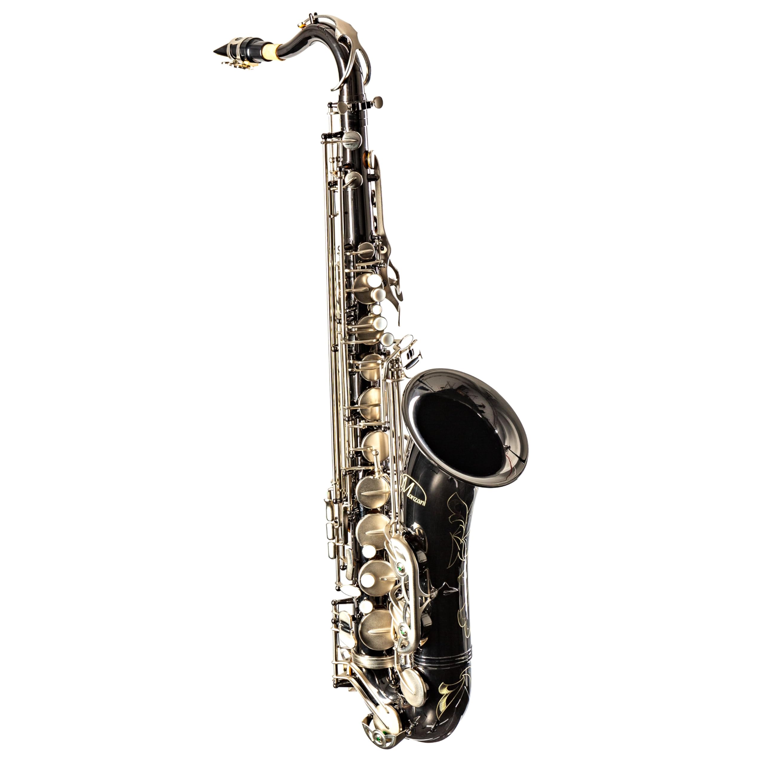 Monzani MZTS-260 Tenor Saxophon, Schwarz Lackiert, Messingkorpus, Bb Stimmung, Inklusive Mundstück, Wischer, Koffer mit Rucksackvorrichtung, Tragegurt, Graviertes Design