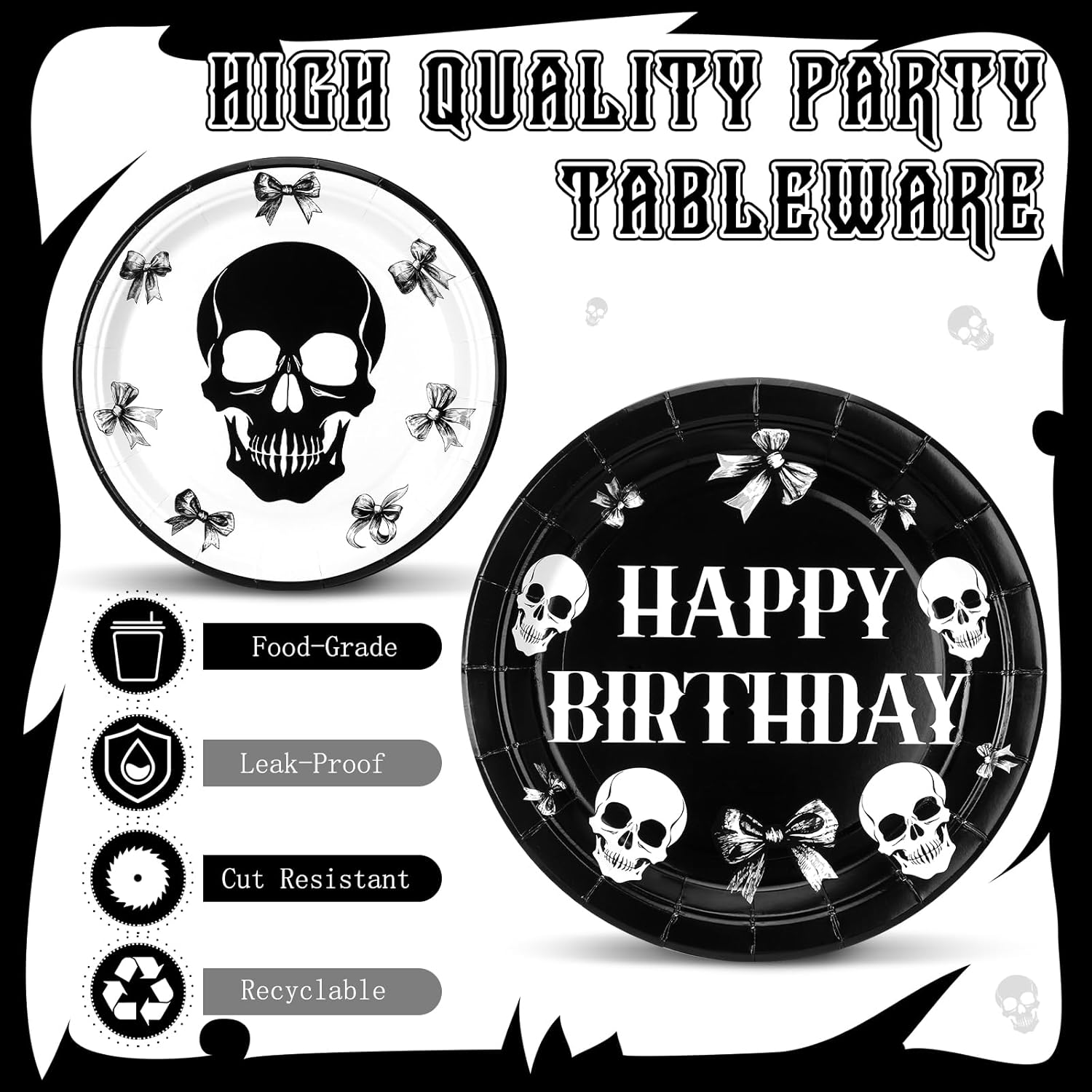 Marspark 210 Pcs Gothic Birthday Decorations Gothic Halloween Happy Birthday Tableware Black Bow Skeleton Party Supplies Plates Napkins Cups and Forks for Halloween Party Dinnerware Supplies, Serve 30