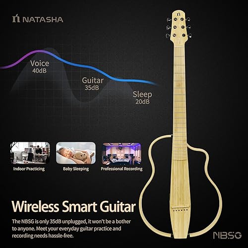 Miniatura 4 de Natasha Guitarra acústica eléctrica de bambú, guitarra inteligente silenciosa de cuerda de acero, guitarra para principiantes con sistema de proceso