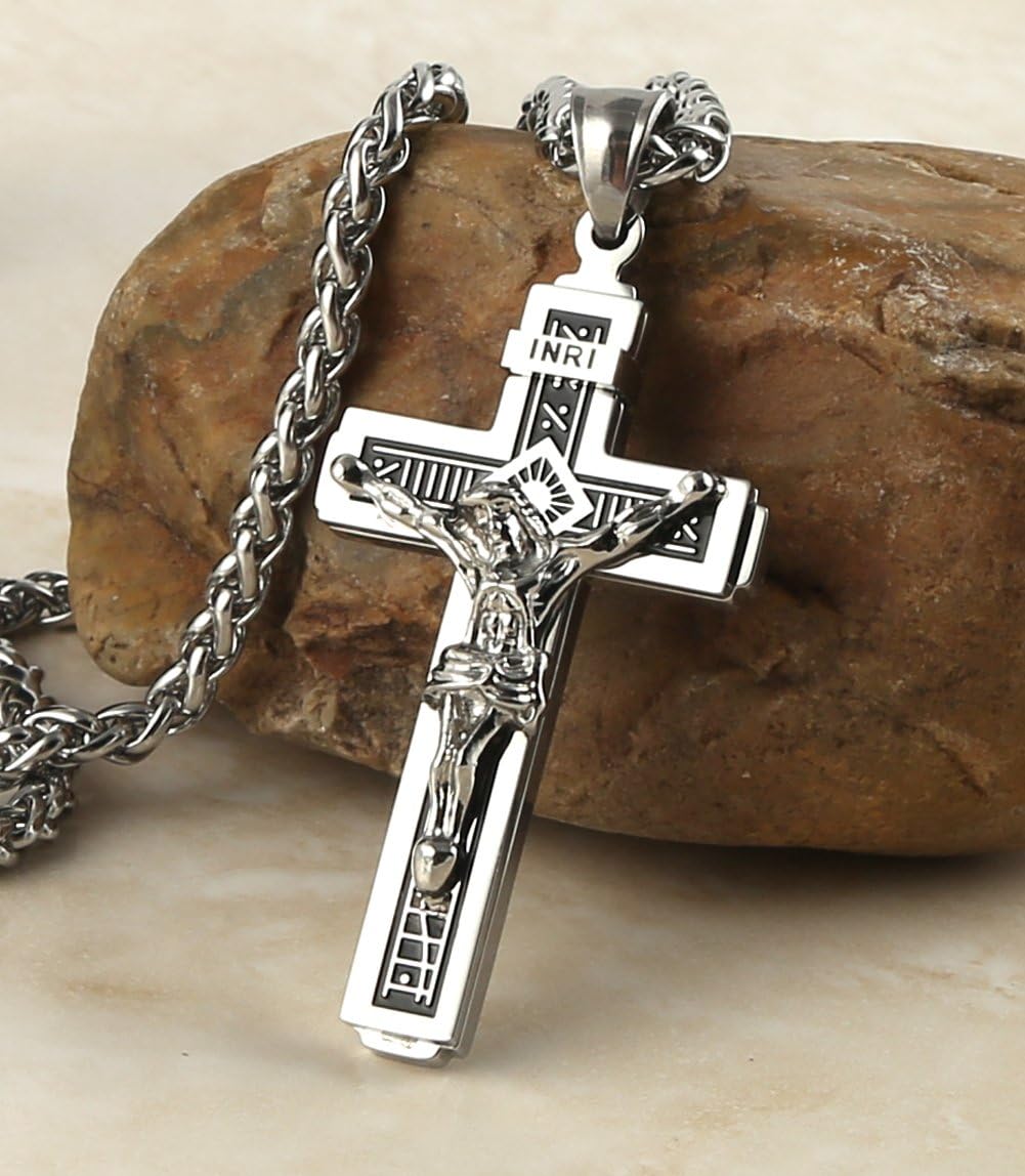 HZMAN Catholic Jesus Christ on INRI Cross Crucifix Gold Silver Tone stainless steel Pendant Necklace 22+2 Chain - Image 5