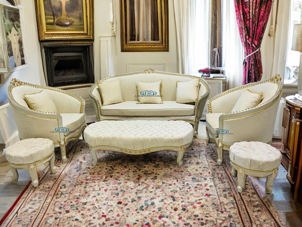 Classical Wooden Carved Sofa Set in Solid Teak Wood with Deco Finish for livingroom, Hall, Office, Home 5 Seater with 2 Stool N Centre Table-image-21