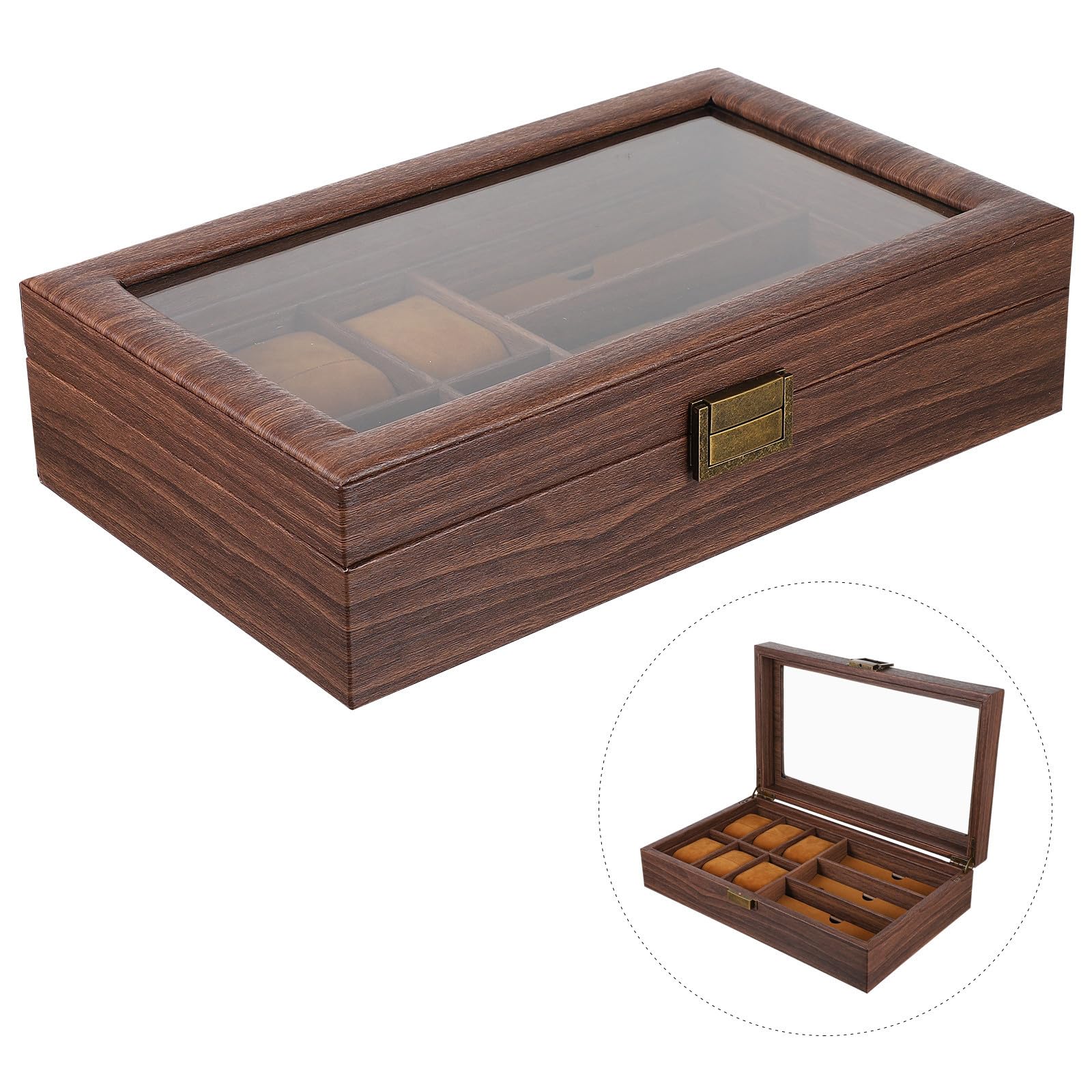 TOYANDONA Caja Organizadora y 3 Espacios Retro de Relojes y Gafas de Madera 6 Compartimentos Estuche Funcional para Almacenamiento y Exhibición para Relojes para Gafas