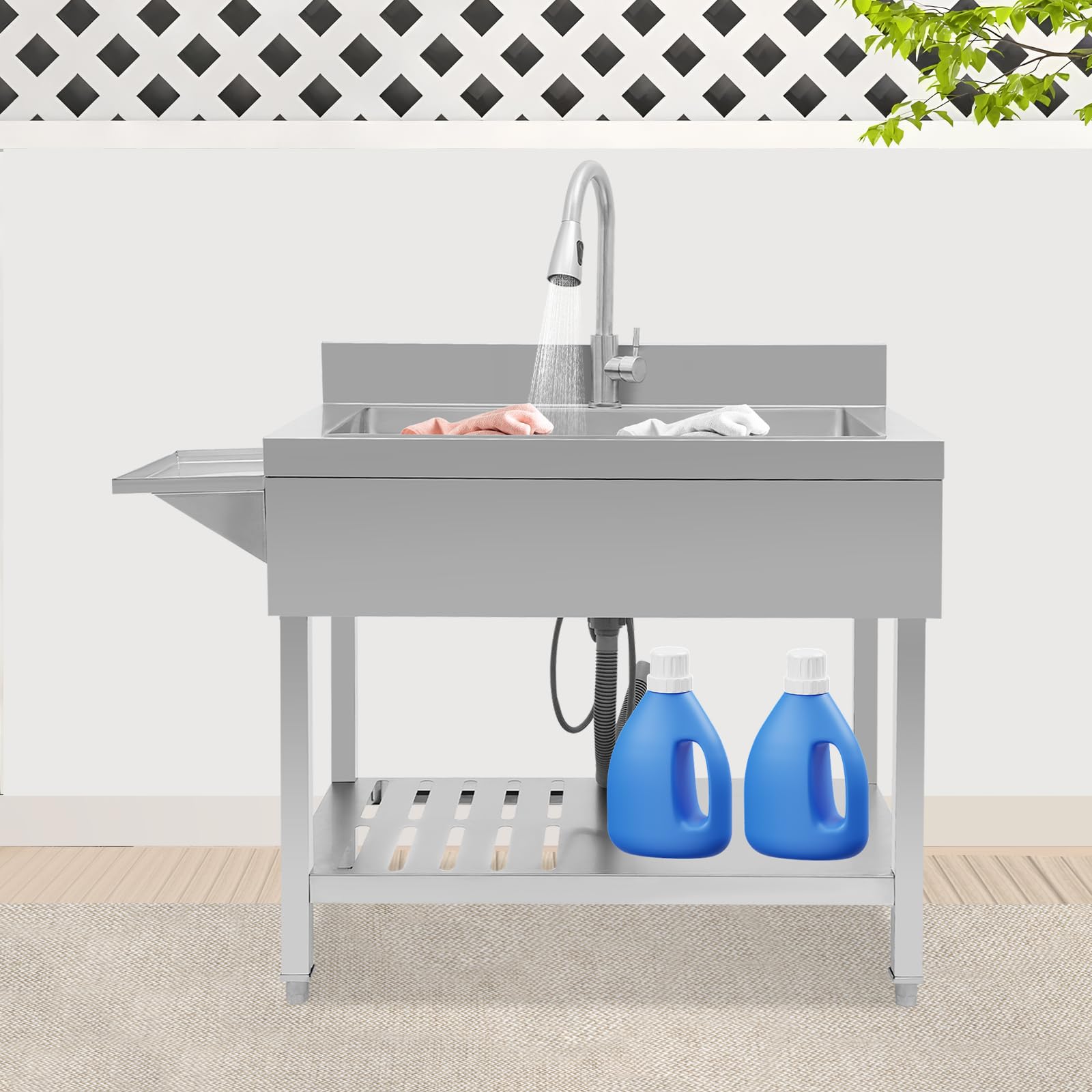 Fregadero de cocina independiente, 90x57x94 cm, acero inoxidable, grifo extraíble, lavabo portátil para catering