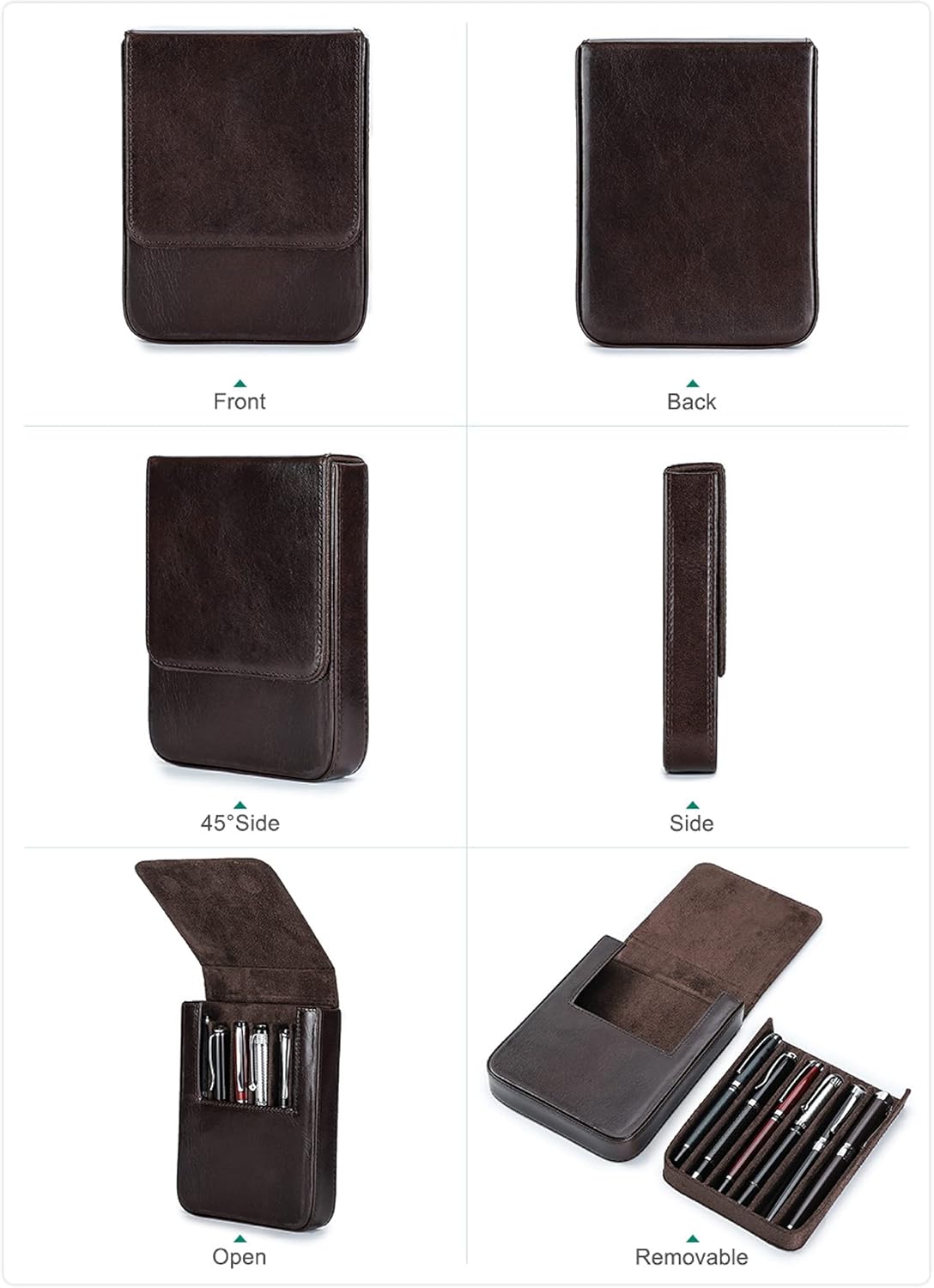 Top Grain Genuine Leather 6 Pencil/Pen Tray Case Organizer, Fashion Design No Logo, Handmade, Magnetic Closure with Drawer Design, Gift Choice for Man/Woman/Office, Glossy Coffee, 6 Slots