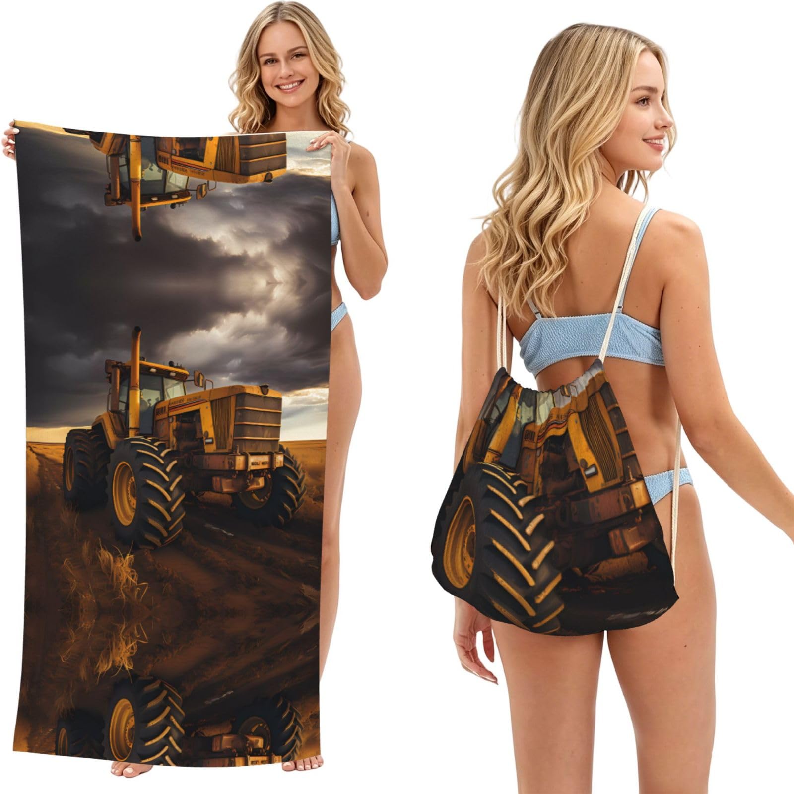 SXZVVBN Tractor in the field 2-in-1 Beach Towel Bag, Quick Dry Sand Free Travel Towel Backpack for Adults