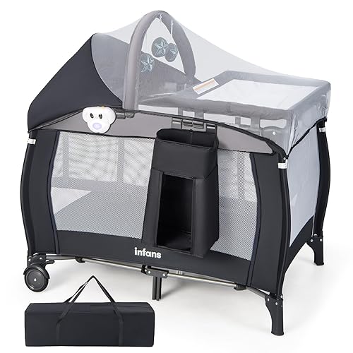 INFANS 4 en 1 Pack and Play, corralito portátil de viaje para bebé con moisés, cambiador, toldo, mosquitera, juguetes colgantes, caja de música,