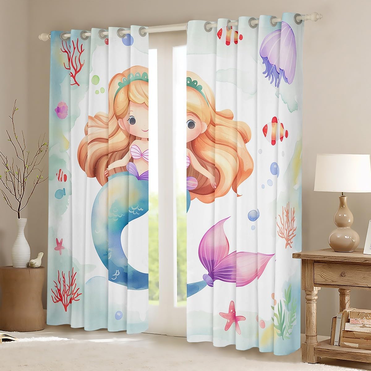 Erosebridal Kawaii Mermaid Curtains for Girls Cute Mermaid Tail Blackout Curtains Coastal Theme Curtains & Drapes 76Wx54L Pink Jellyfish Bedroom Curtains Multicolor Starfish Bubble Window Treatments