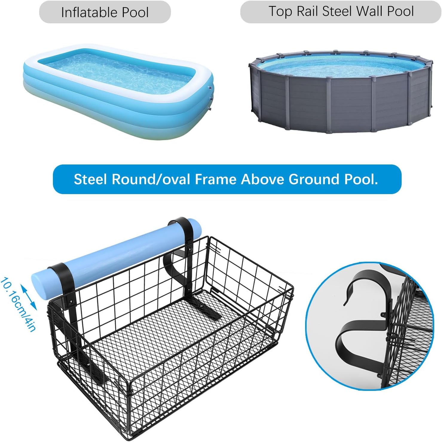 Tefola Poolside Storage Basket, Foldable Above Ground Pool Basket for Pool Toys, Towels, Beverages, Poolside Organizer, Pool Accessories for Most Above Pool (Black)