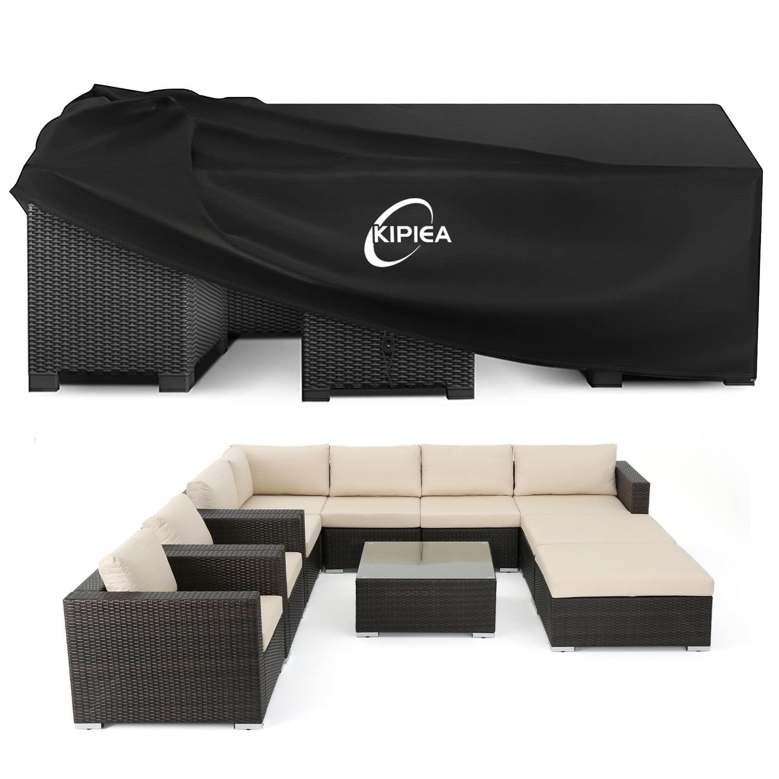 Kipiea Gartenmöbel Abdeckung Winterfest, 420D Oxford Gewebe Wasserdicht & Anti UV Plane Schutzhülle für Gartenmöbel, Rechteckige Abdeckplane Gartenmöbel für Gartentisch Loungemöbel - 300x250x71cm