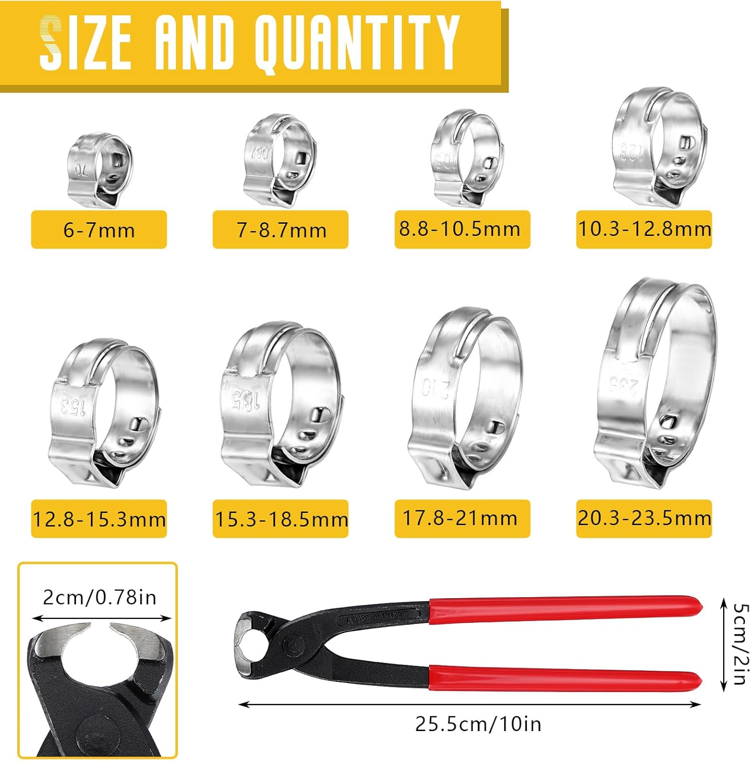 150Pcs 304 Stainless Steel Single Ear Hose Clamp with Ear Clamp Pincer, 6-23.5mm Crimp Hose Clamp Assortment Kit Cinch Rings Crimp Pinch Tools Perfect for Automotive, Home Appliance Line and Plumbing