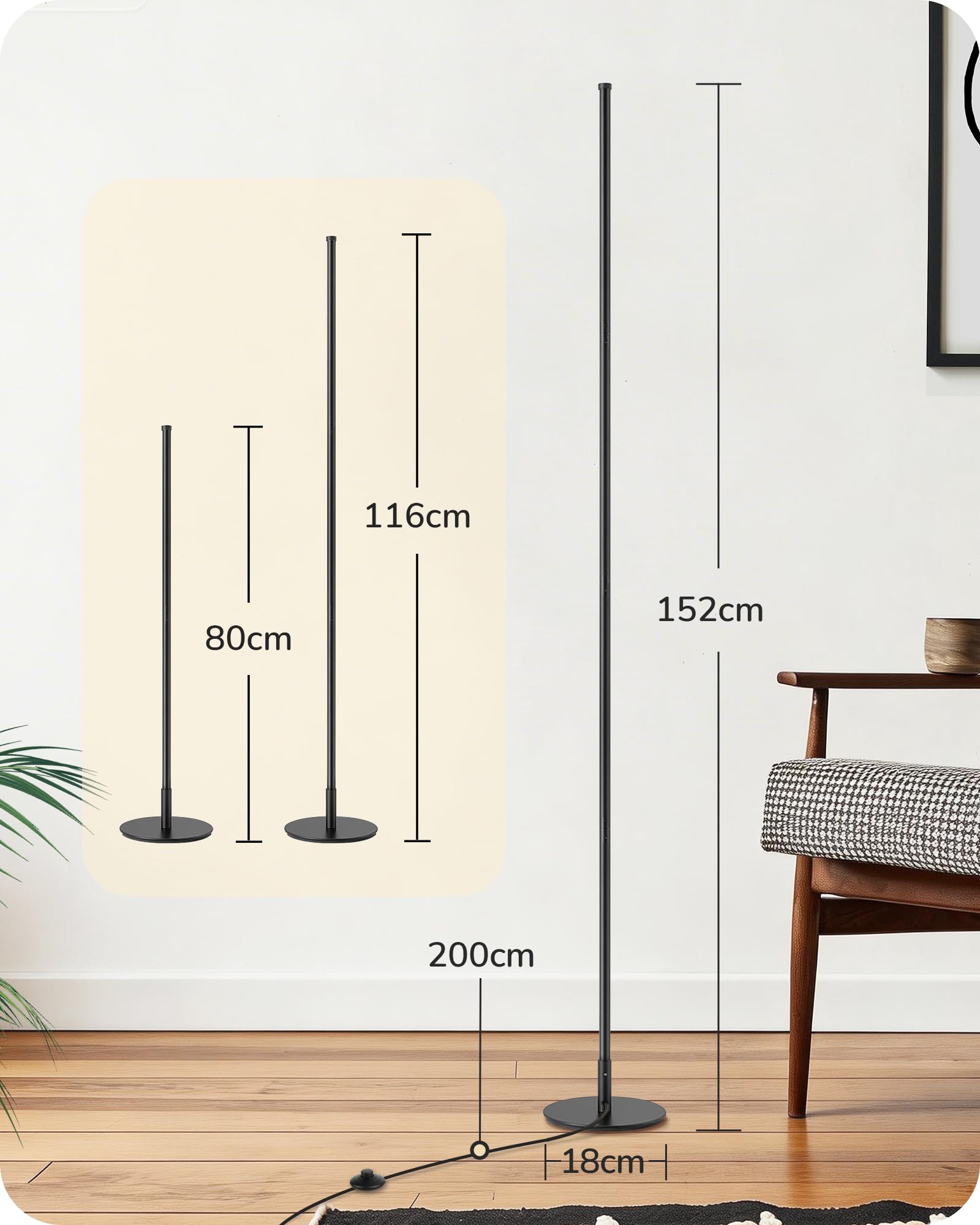 EDISHINE Stehlampe Wohnzimmer, LED Stehleuchte mit 3 Farbtemperaturen & stufenlos dimmbar, höhenverstellbar 152 cm, moderne Ecklampe für Schlafzimmer, Büro, Schwarz