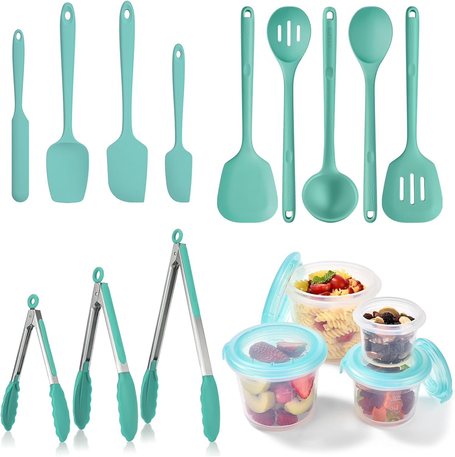U-Taste Silicone Spatula Set with 600℉ Heat Resistant & 600ºF Kitchen Utensil Set 5 Piece Extra Long Nonstick & 600ºF Tongs Stainless Steel Pack3 & Food Storage Containers Set