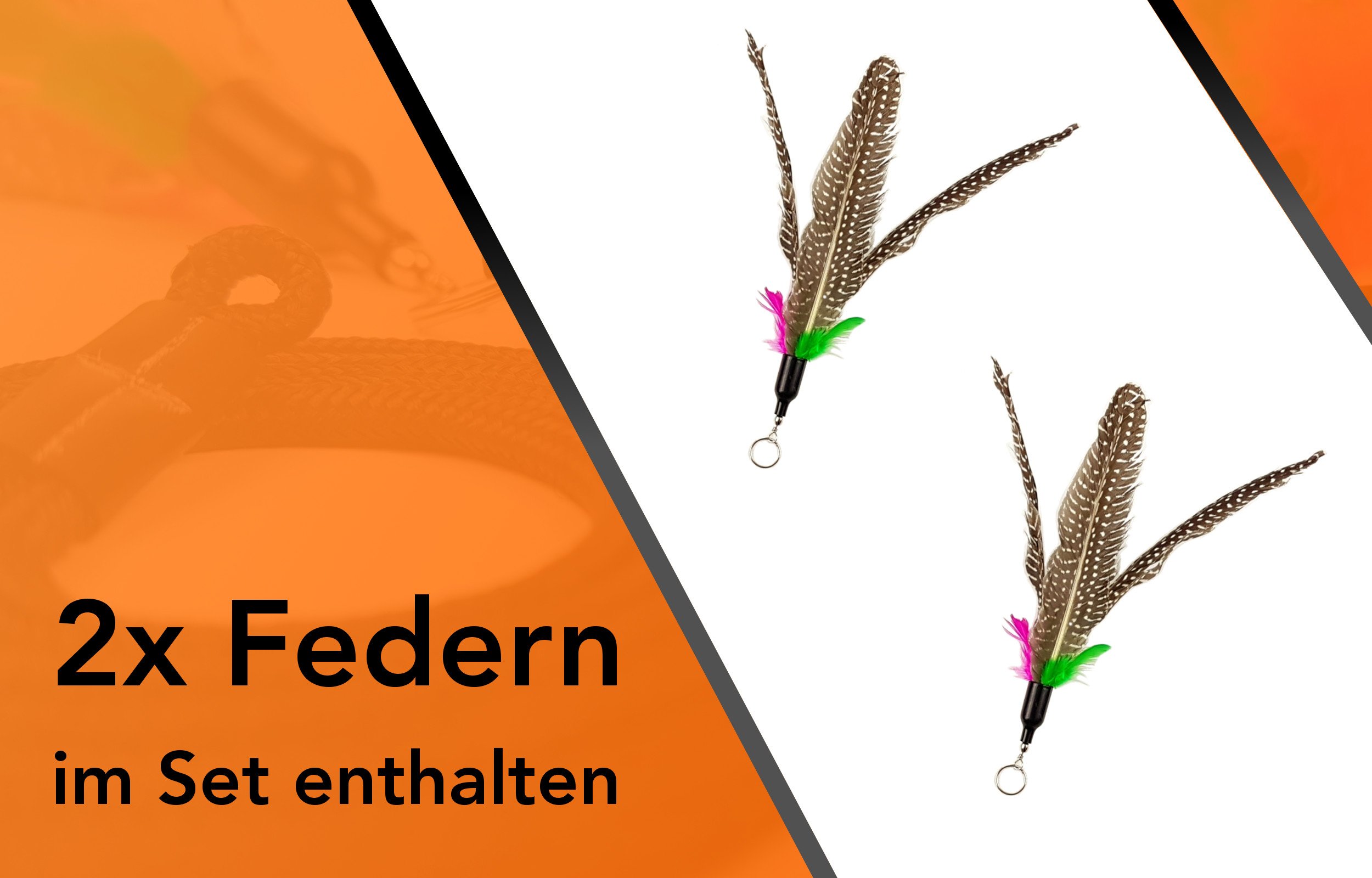 Stabile Katzenangel | Arnold | mit Karabinerhaken | Feder-Katzenspielzeug inkl. 2X Federn & 2X Bänder