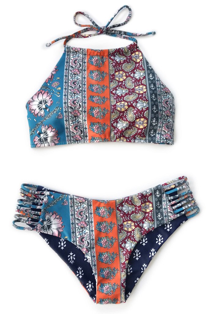 SEASELFIE Women's Halter Bikini Set Tie Back High Cut Floral Print Swimsuit