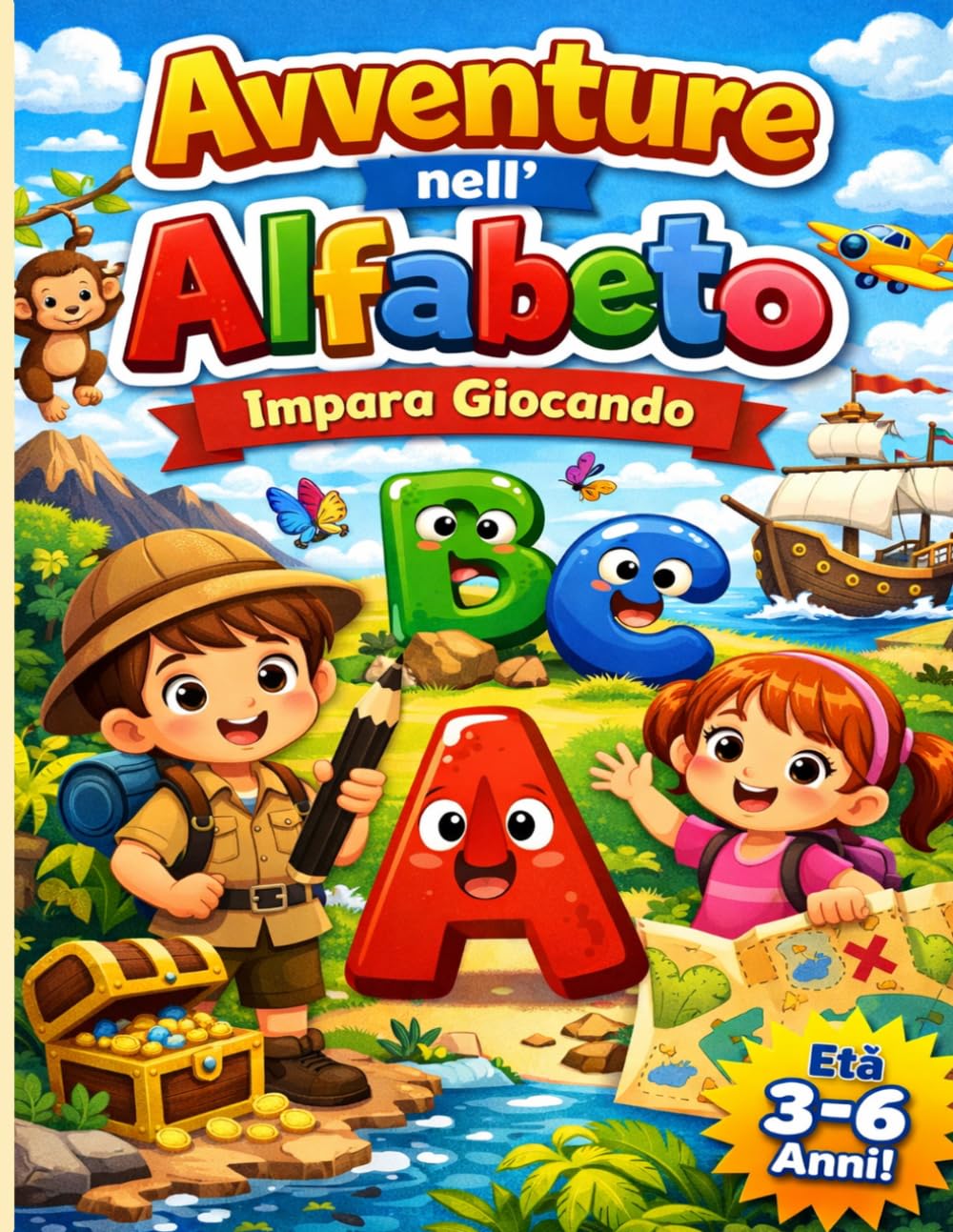 Avventure nell'alfabeto: Libro Prescolare 3-6 Anni: Impara a Scrivere le Lettere dell'Alfabeto Tratteggiato, Colora le Vocali e Divertiti con Attività Educative. Con Diploma Finale!