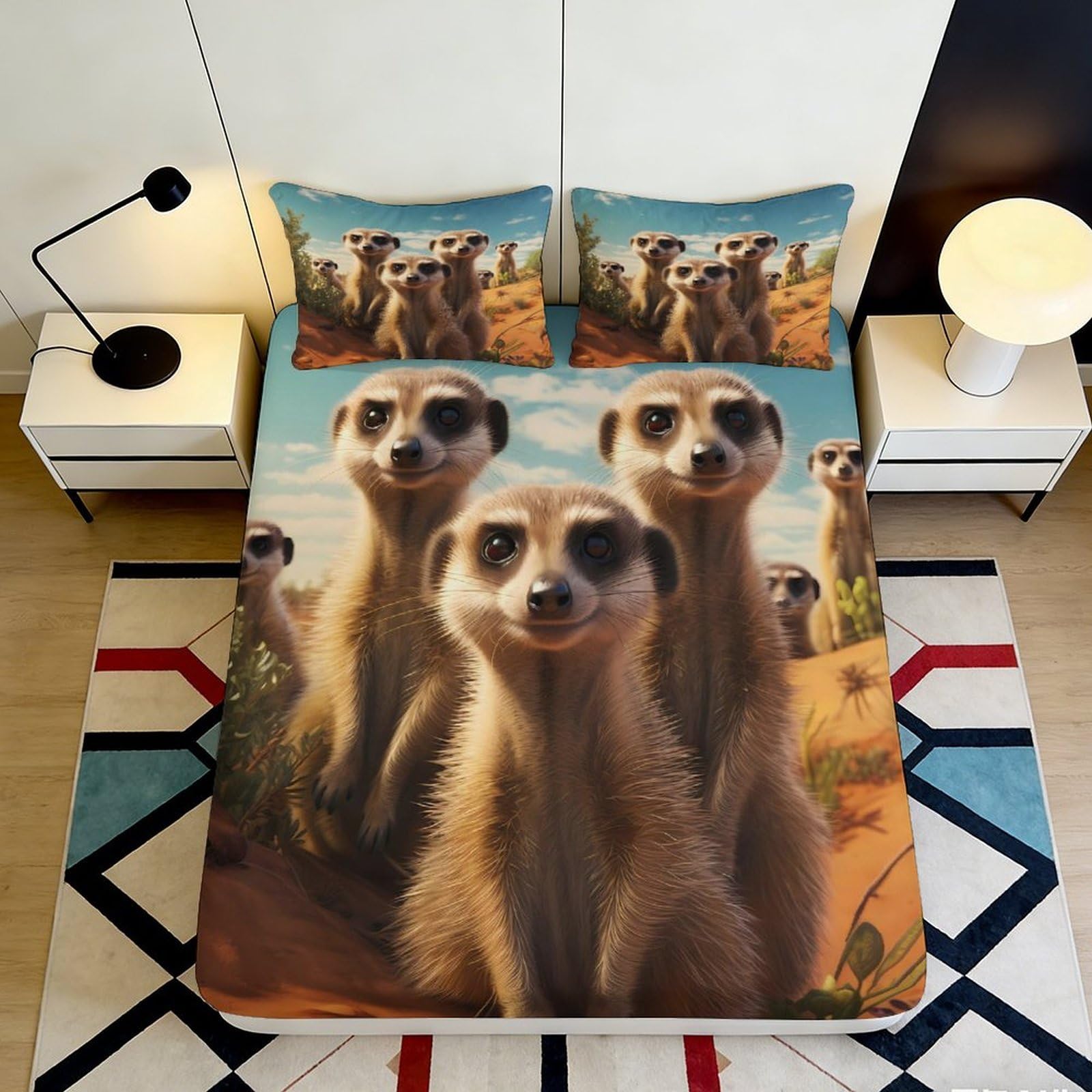 Pnayamiorkfel Style-4 3D Printed Meerkat Desert Fitted Sheet Microfiber Soft Breathable Safari Animals Mattress Cover For Bedroom Guest Room Decor 90X200x25cm