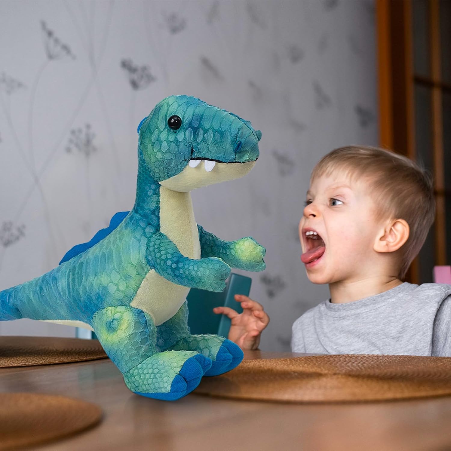 HollyHOME Plush T-Rex Dinosaur Toy with Soft Realistic Textured Scales Cute Dino Gift for Kids Blue and White 10"